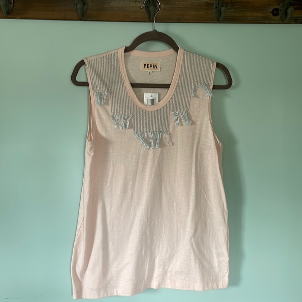 NWT Pepin tank top, light pink with blue gray fringe detail, size medium